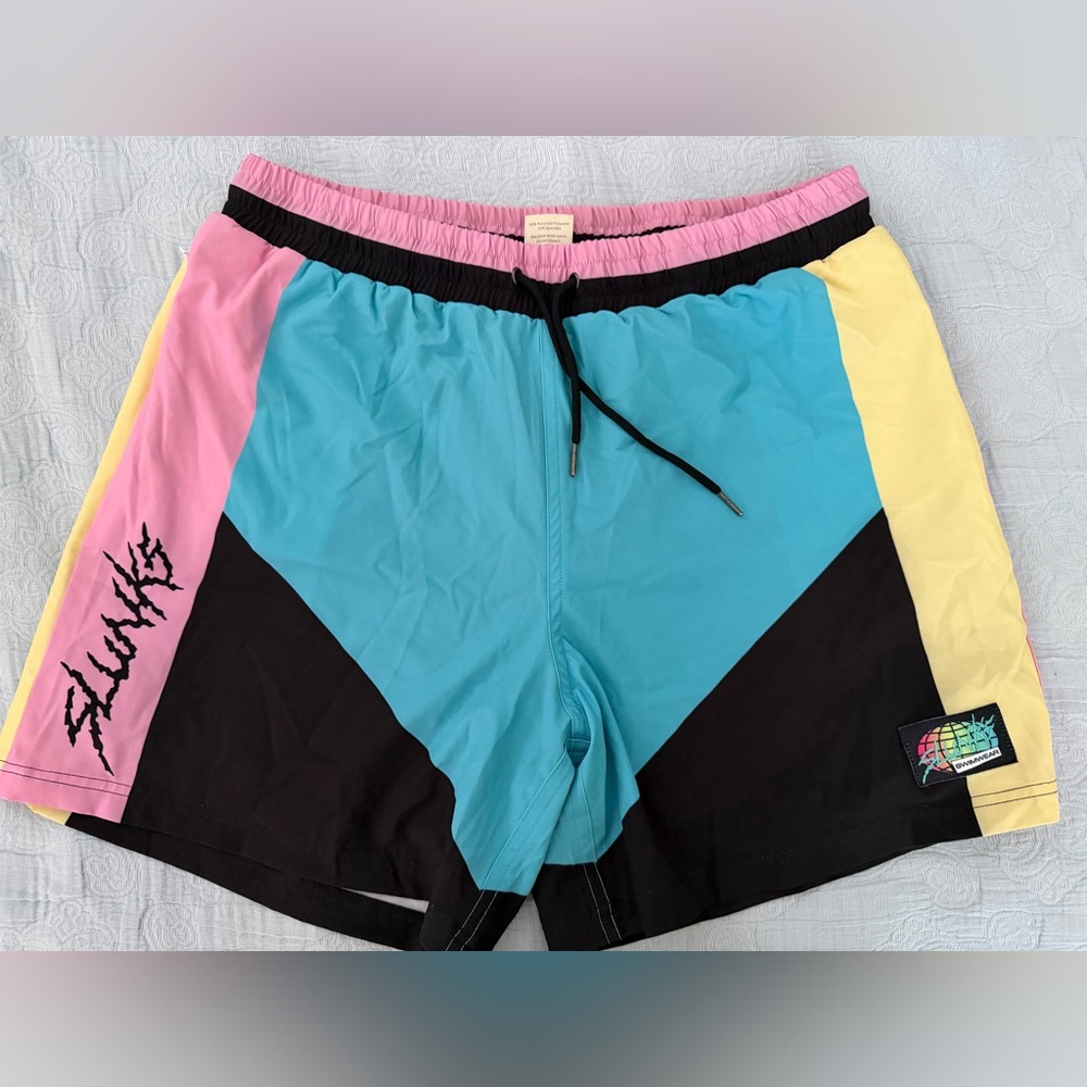 Slunks Swimwear Swim Trunks Vintage 90s Neon Style Pink Blue Black Men’s Size XL